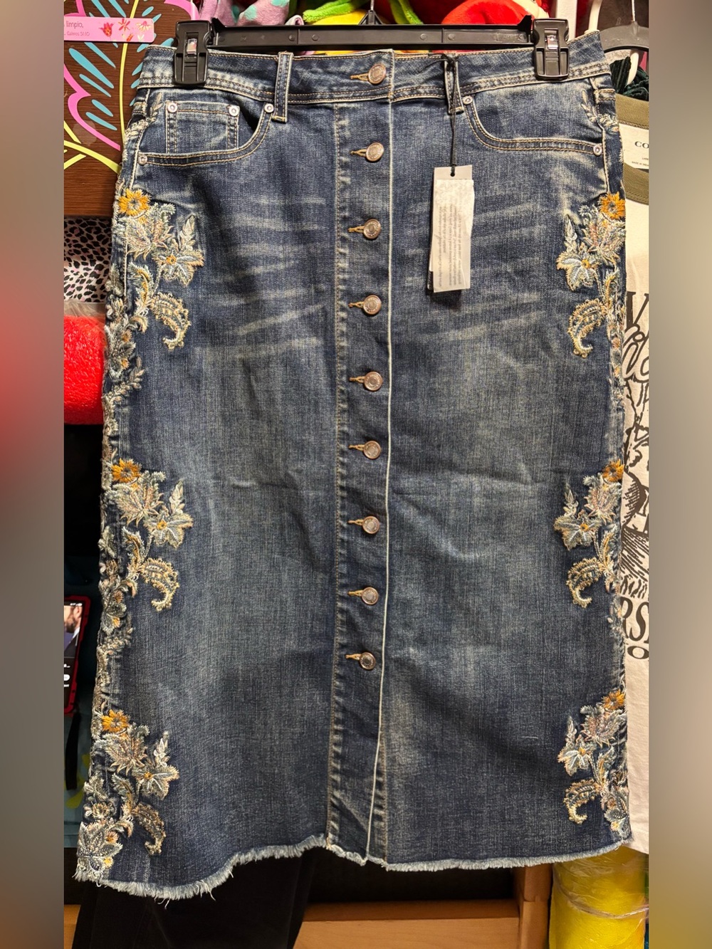 Grace Blue Denim Button-Front Midi Skirt with Floral Embroidery